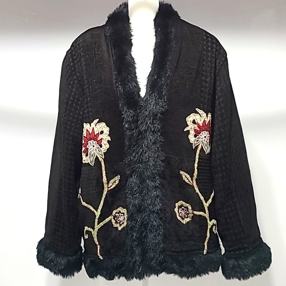 Flashback Vintage Embroidered Faux Fur Black Coat Jacket Size L - Picture 2 of 15
